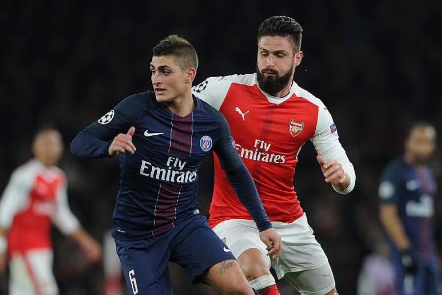 Marco Verratti et Olivier Giroud en match Arsenal - Paris Saint-Germain le 23 novembre 2016