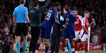 Ousmane Dembélé et Bradley Barcola (29) contre Arsenal en demi-finale de Champions League