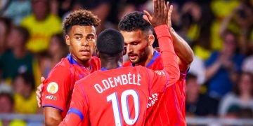 Désiré Doué (à g.), Ousmane Dembélé (10) et Gonçalo Ramos